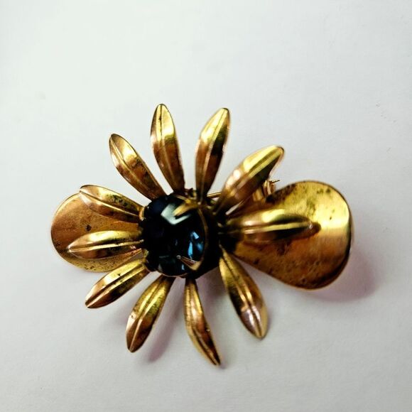 Vintage Sapphire Round Prong Set Rhinestone Gold Tone Floral Daisy Brooch Pin - Picture 3 of 8